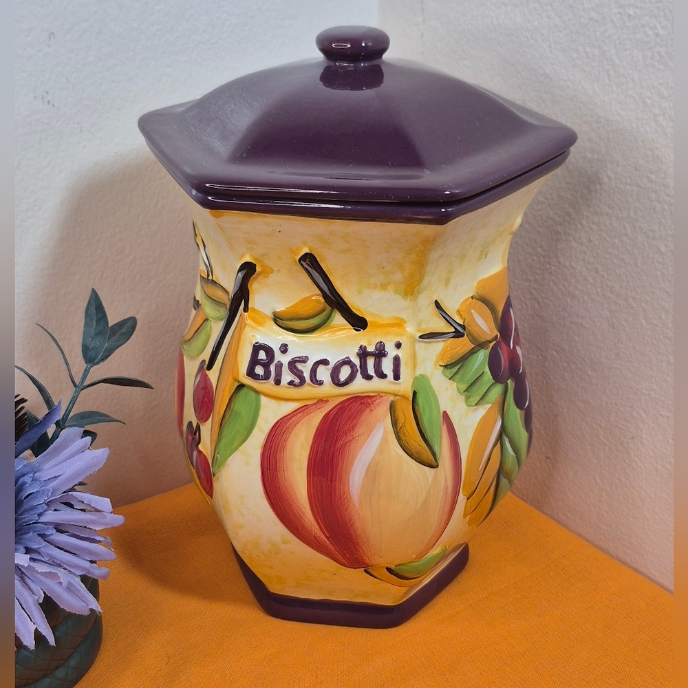 Nonni's Biscotti Hand Painted Ceramic Cookie Jar Canister w/Airtight Lid